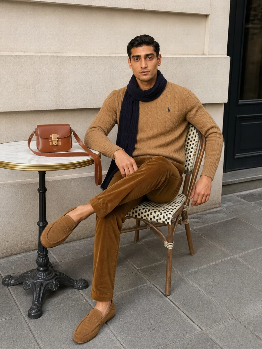 Polo camel sweater corduroy trousers tods loafers