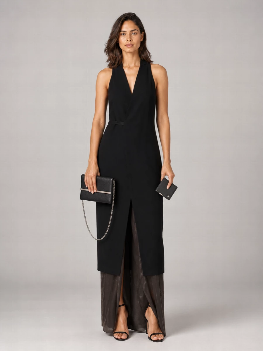 This is a razor-sharp evening ensemble built around precise black tailoring and quietly assertive hardware. The Rick Owens halterneck midi gives you a long, architectural column, while the pared-back stiletto sandal and compact McQueen clutch keep the focus on line and proportion rather than ornament. I chose a dress rather than suiting separates to stay closer to the cardholder’s edited, singular attitude: one clean gesture, impeccably executed.