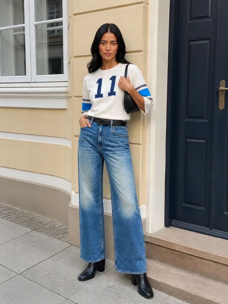 Mother wide leg jeans varsity top margiela bag