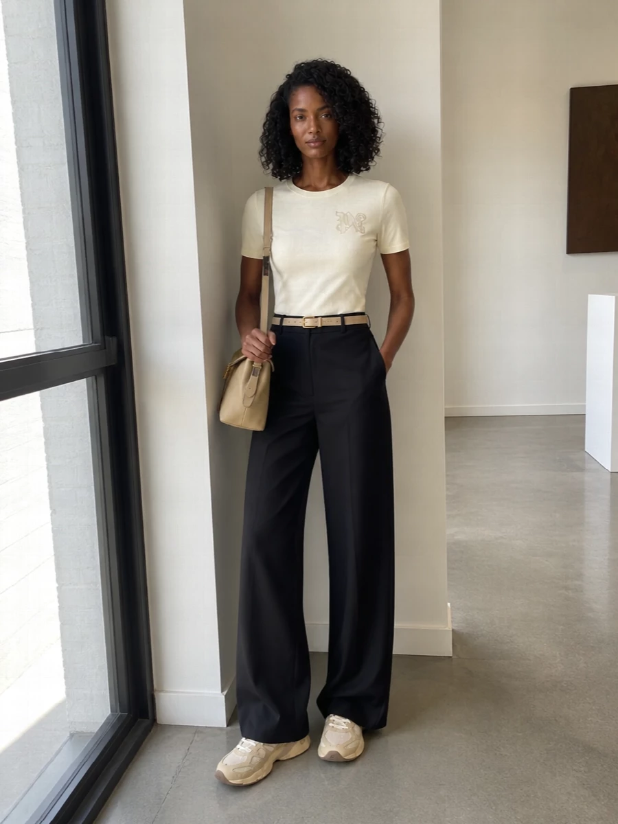 Palm angels tee black wide leg pants sneakers
