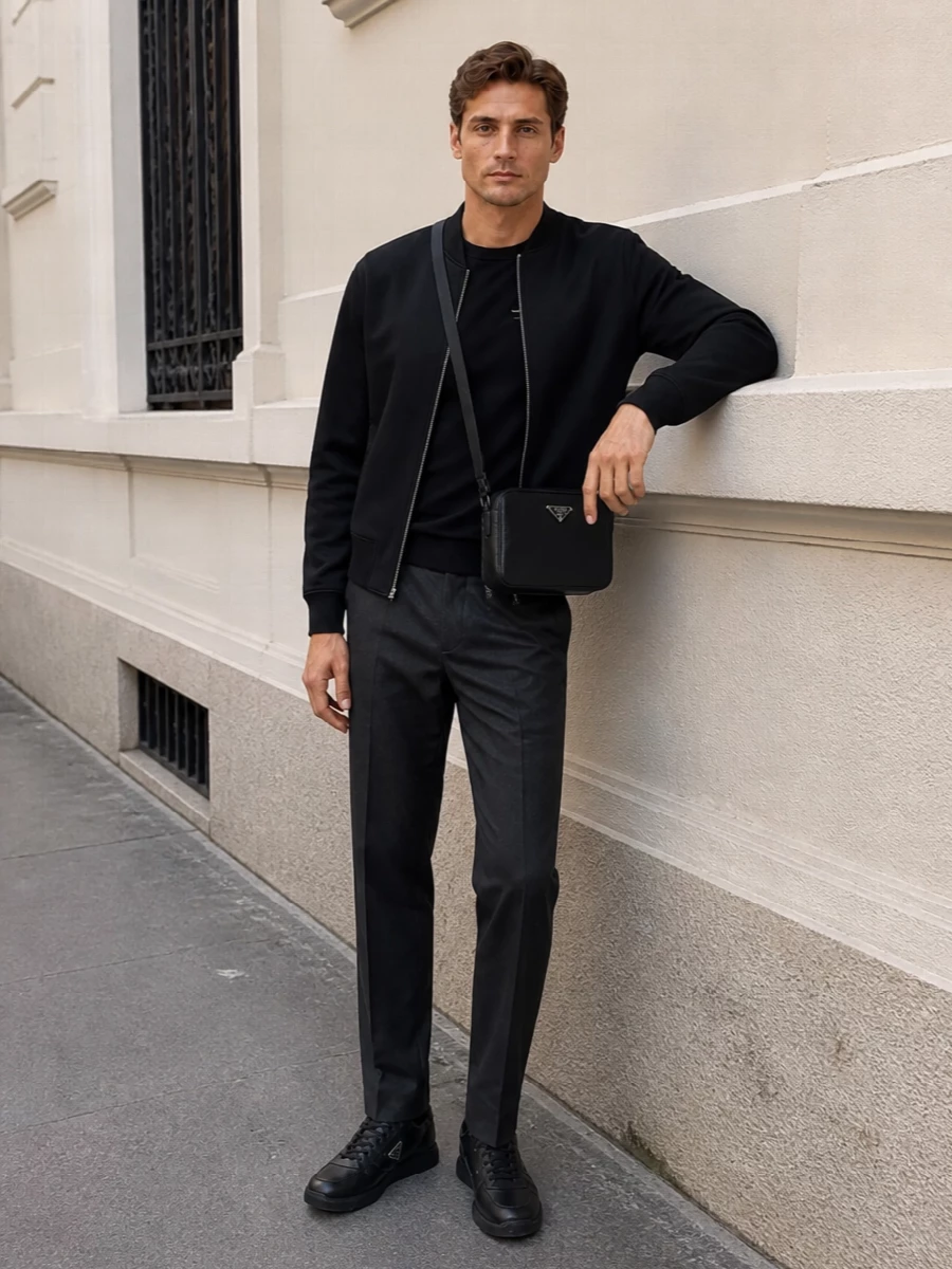 Prada black bomber charcoal trousers outfit