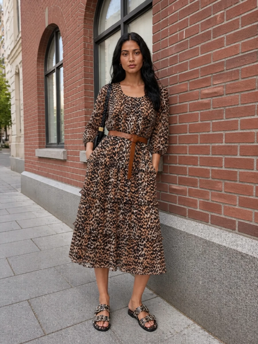 A breezy tiered leopard dress takes the lead, cinched softly with a tan knotted belt to give shape without losing movement. Flat double-buckle slides keep it grounded and easy, while a structured black shoulder bag cuts through the print with a clean, city-ready finish. It is an off-duty, warm-weather mix of boho ease and sharp Ganni attitude that works from daytime wandering to late terrace drinks.