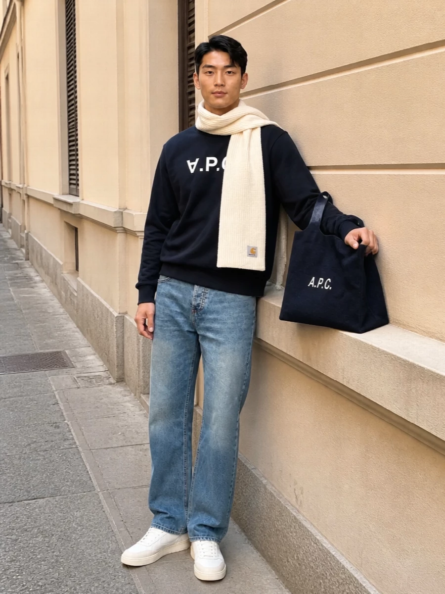 Apc navy sweatshirt jeans white sneakers