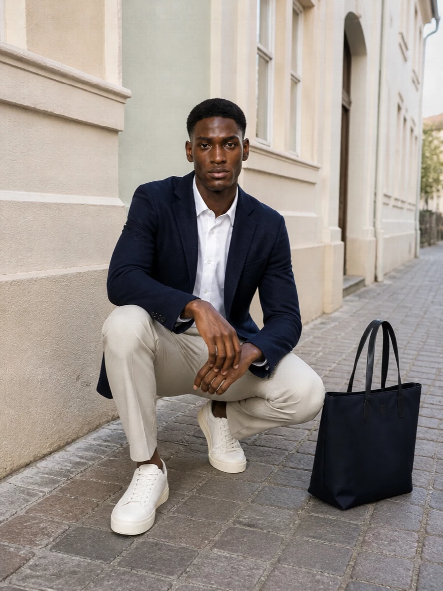 Deep navy tailoring meets light beige trousers for a sharp yet relaxed take on warm-weather city dressing. A clean white shirt and cream-toned sneakers keep the palette calm, while the matching navy tote ties everything back to that restrained Emporio Armani polish.