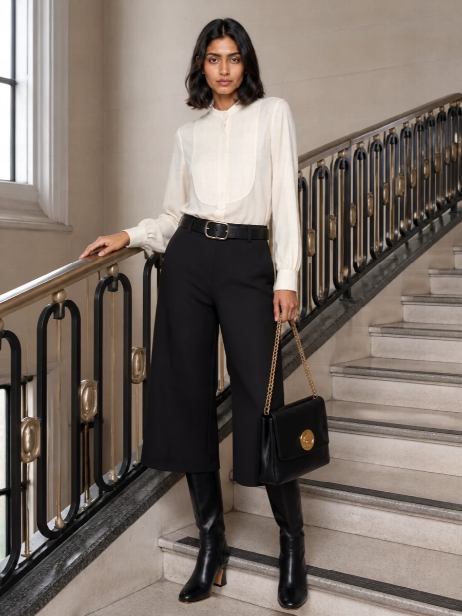Chloe culottes bib blouse knee high boots