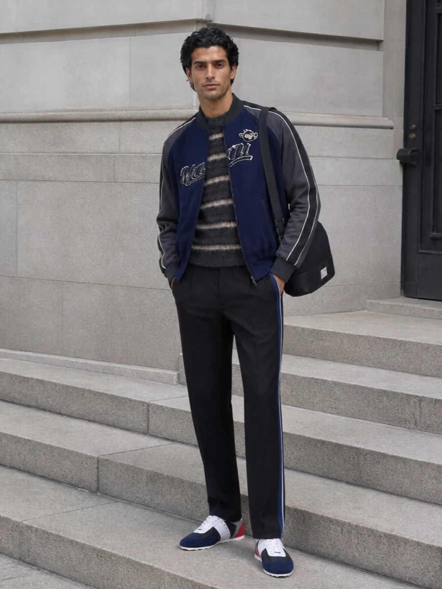 Marni varsity bomber tailored trousers outfit