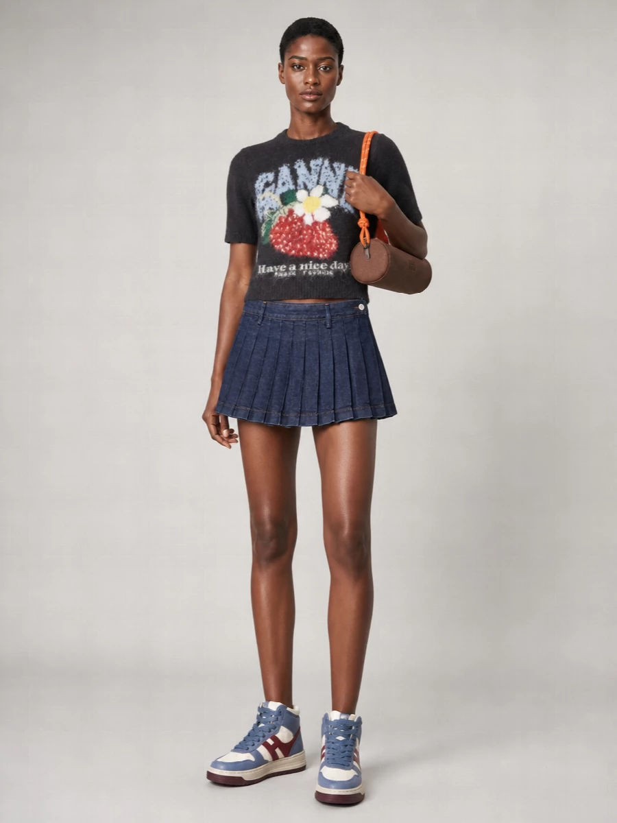 Ganni Alpaca Wool Strawberry Jacquard Short Sleeve Sweater