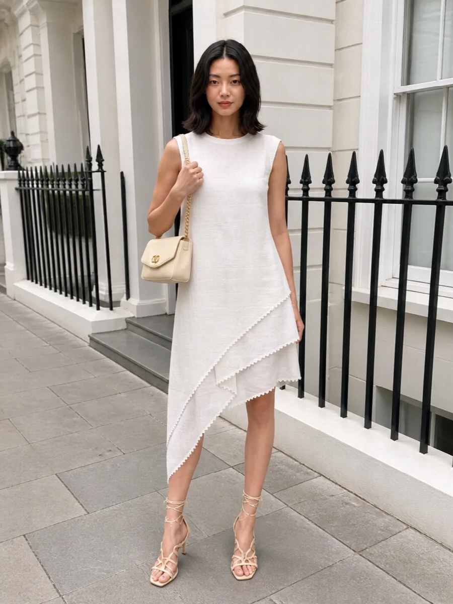 This is a softly monochrome evening ensemble built around sculptural ivory lines and quiet gold hardware. The asymmetric Jacquemus dress and buttercream Manolos keep the focus on proportion and movement, while the Valentino flap bag adds structured romance and subtle light. Choosing the dress path over separates preserves a clean column that feels more modern and refined against the bag’s structured silhouette.