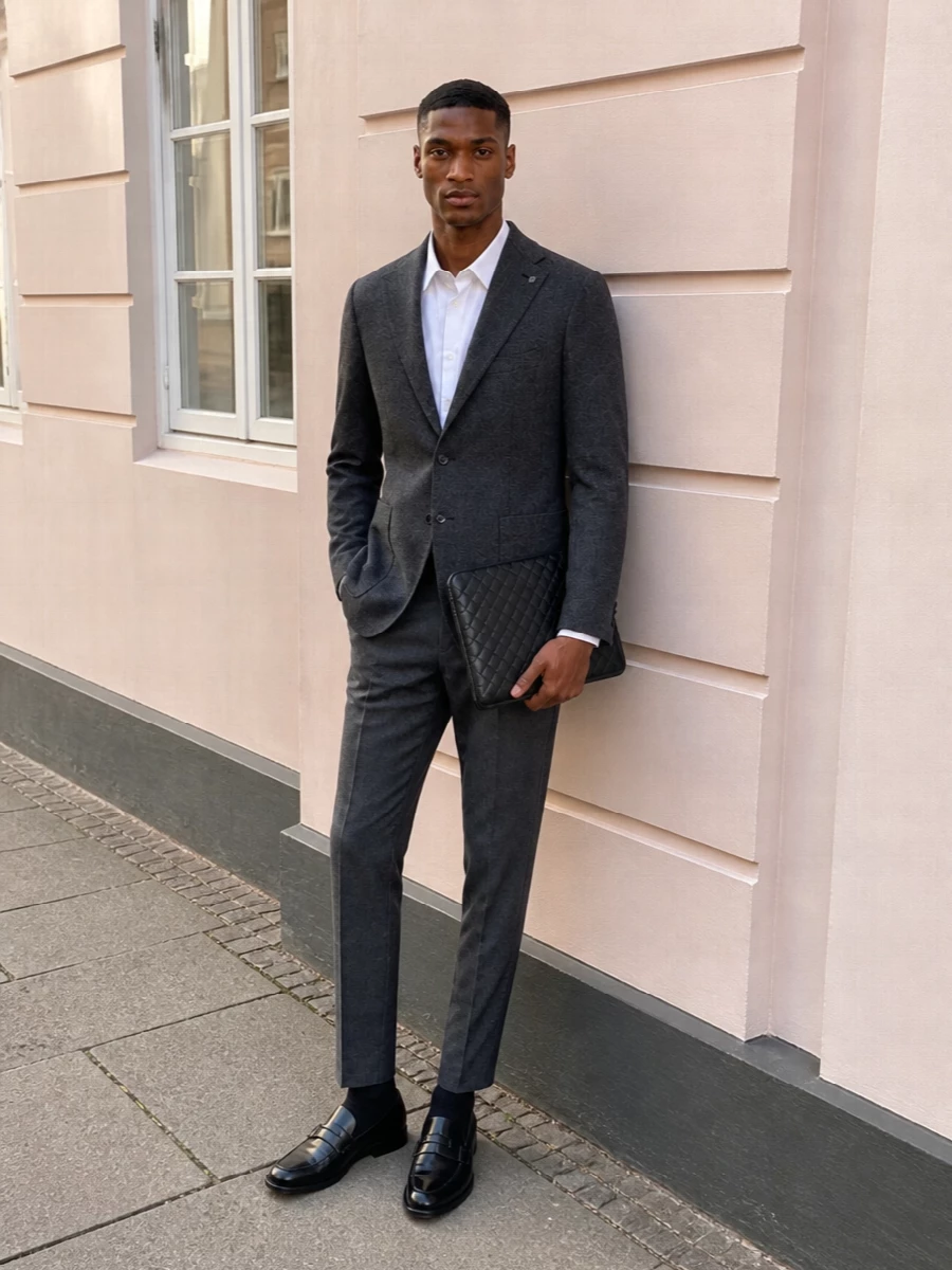 Tagliatore blazer charcoal trousers outfit