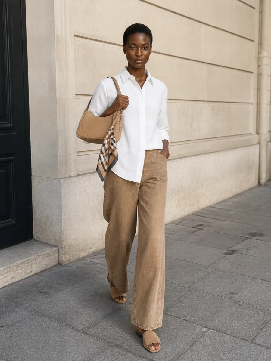 Wide leg camel jeans white shirt outfit