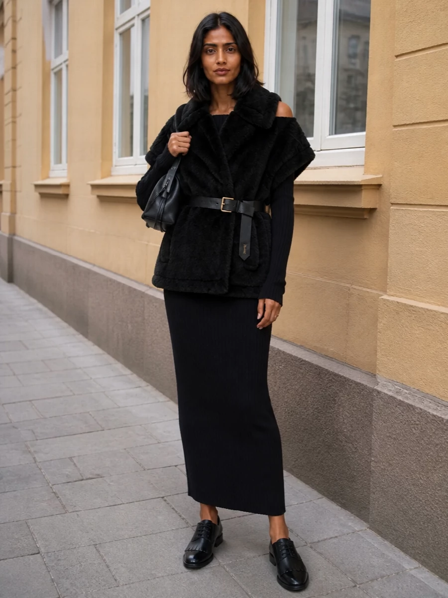 Max mara black faux shearling vest knit maxi dress