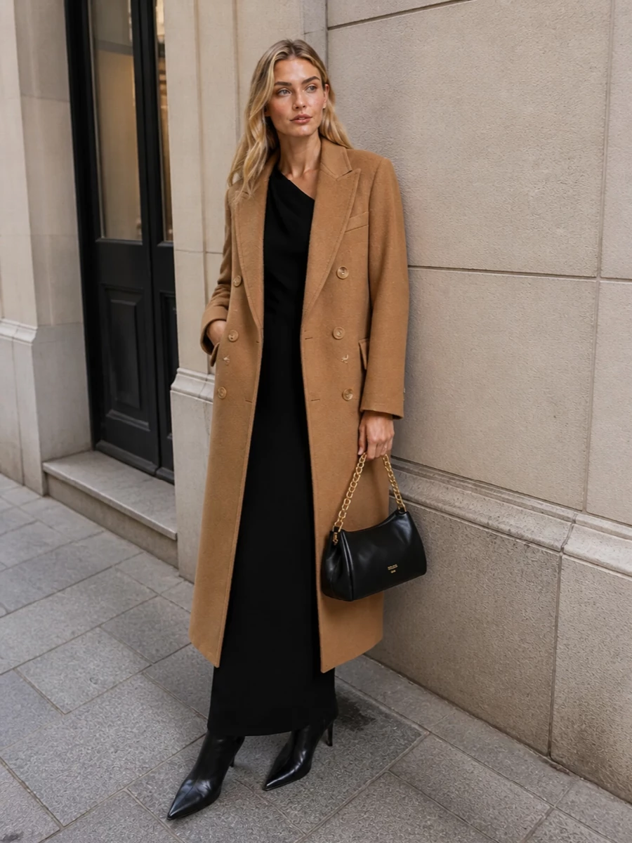 Max mara camel coat black evening gown