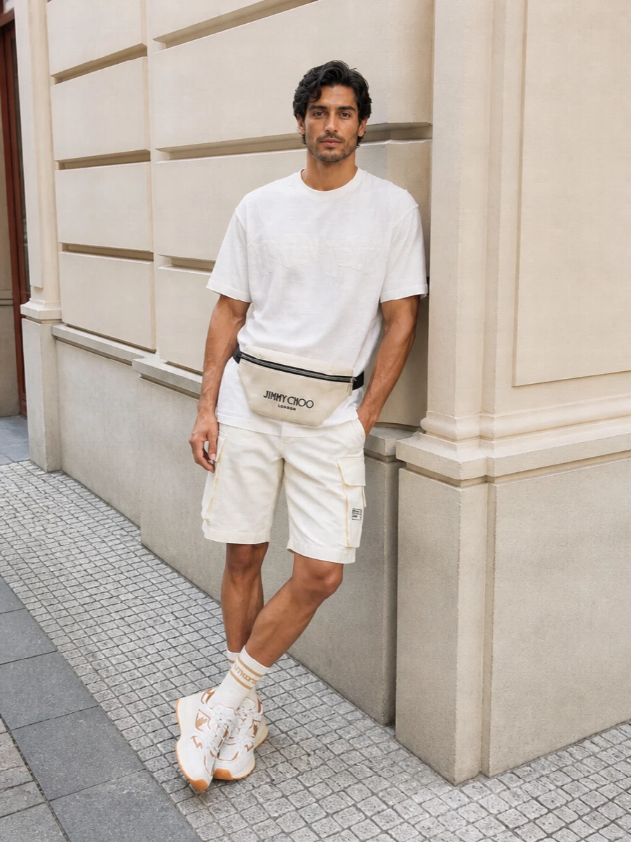 Dsquared2 cargo shorts neutral sneakers outfit