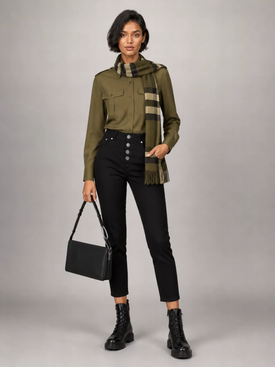 Burberry Wool Scarf Checked Pattern Fringed Edges