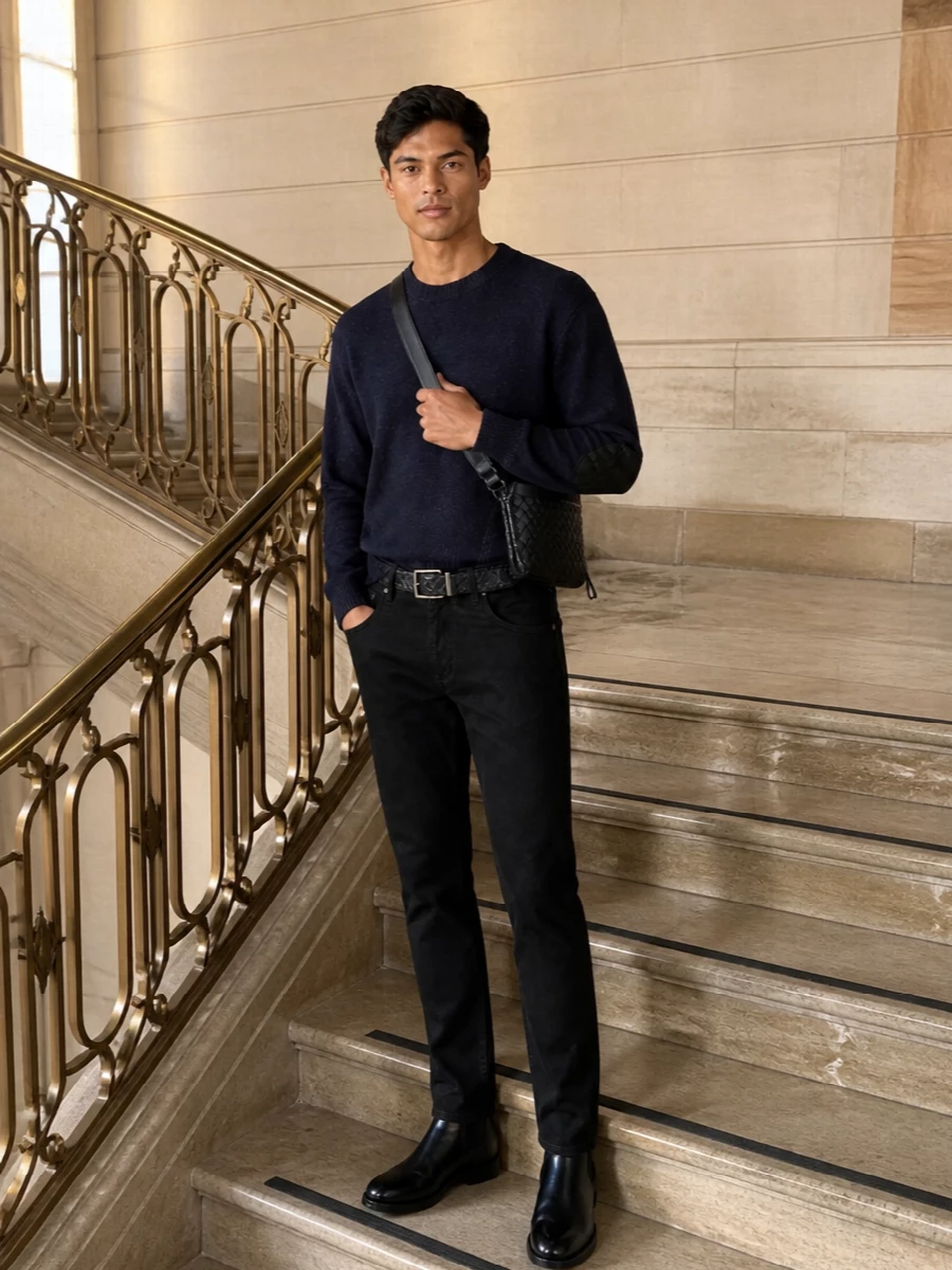 Bottega veneta navy sweater black jeans outfit