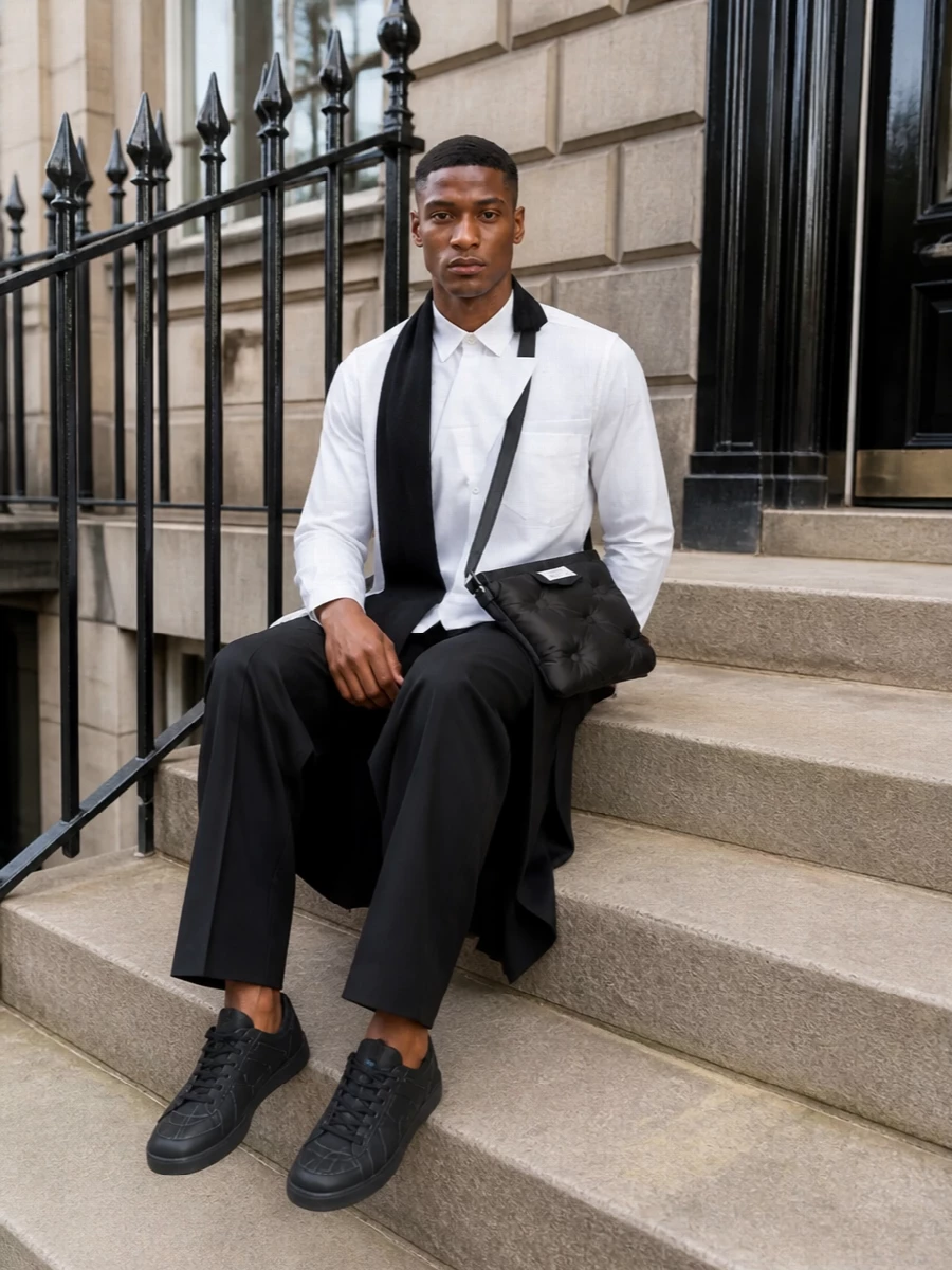 Comme des garcons shirt layered trousers outfit