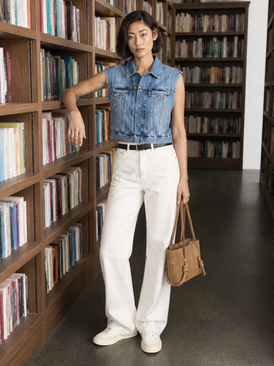 Haikure denim vest wide leg jeans outfit