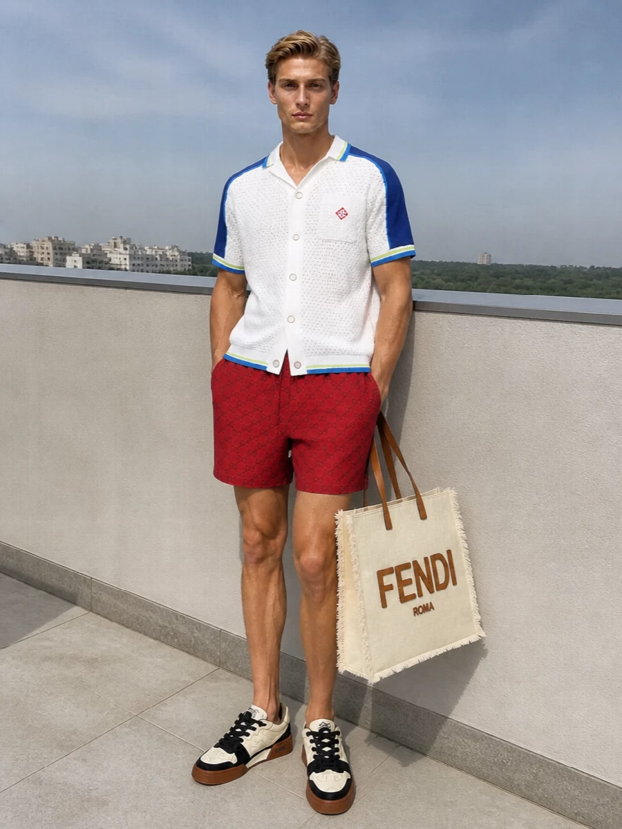 Gucci’s brick-red shorts meet Casablanca’s tennis-inspired knit shirt for a polished pool-to-pavement preppy vibe. Fendi’s cream court sneakers keep it sporty and clean, while the oversized canvas tote brings easy, sun-ready practicality and a bold Roman logo moment. Wear this for long city days that might drift toward a terrace drink or a coastal weekend escape.