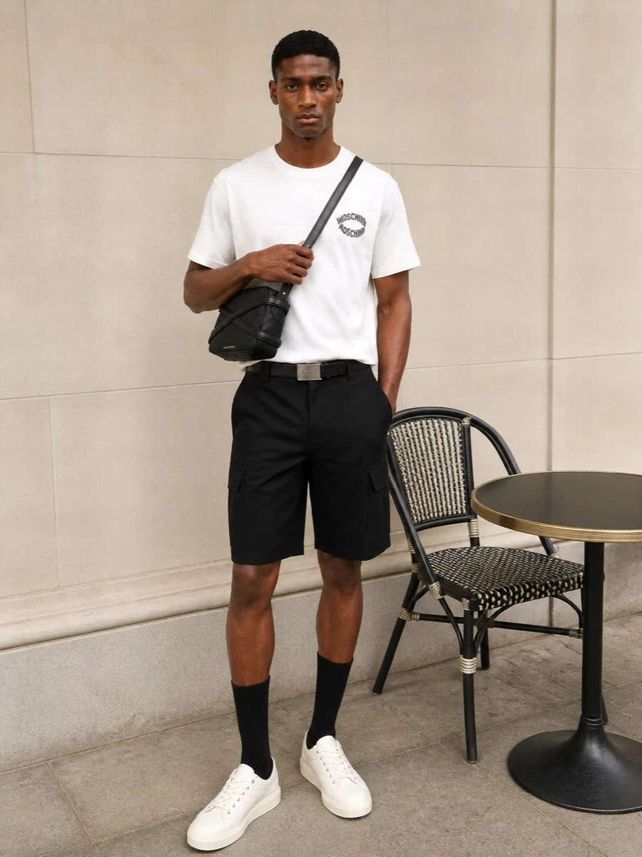 Moschino minimalist t shirt black cargo shorts outfit