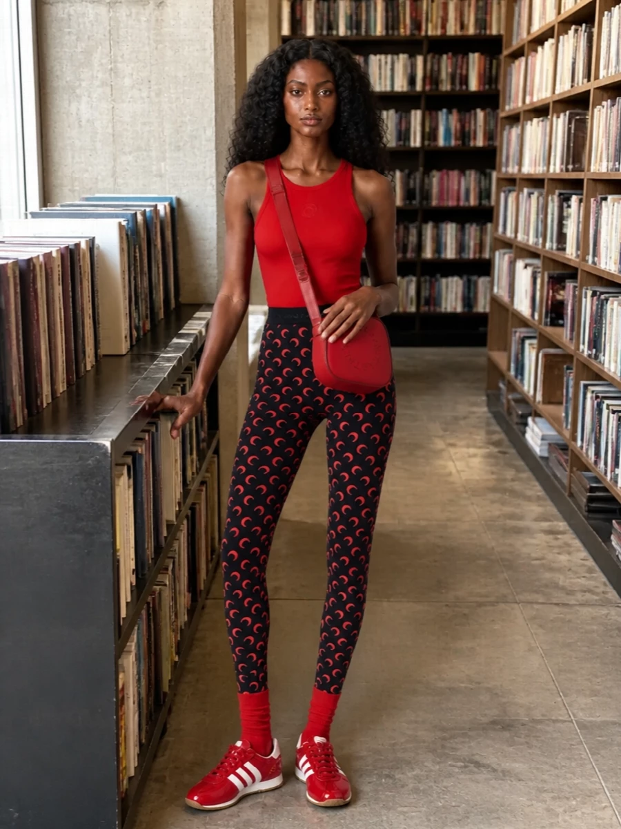 A vivid red second-skin base meets Marine Serre’s graphic moon-print leggings for a streamlined, athletic silhouette. Glossy red terrace sneakers and a structured crimson cross-body keep the energy firmly in the street-sport zone, while a hit of bright red sock adds a deliberate, styled detail. The result is bold, fast and graphic, built for studio sessions that roll straight into the city.