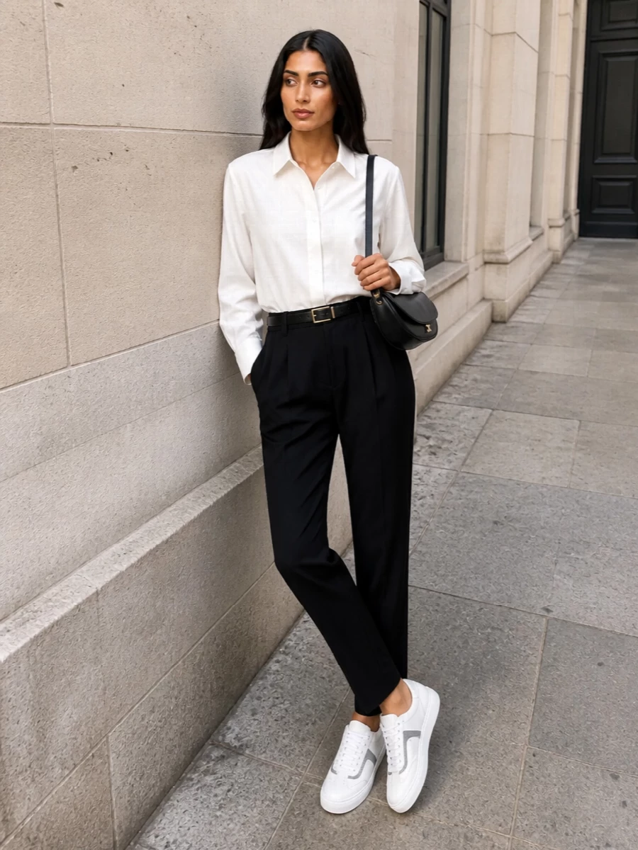 This look leans into modern uniform dressing: tapered black Brunello trousers grounded with a crisp white Cucinelli shirt for a clean, architectural line. Optic-white sneakers keep the mood relaxed yet refined, while a sleek black Celine crescent bag and a slim Prada belt subtly sharpen the silhouette for effortlessly polished city wear.