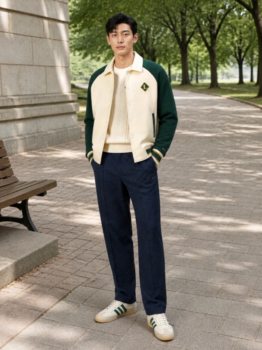 Lacoste varsity jacket navy track pants outfit