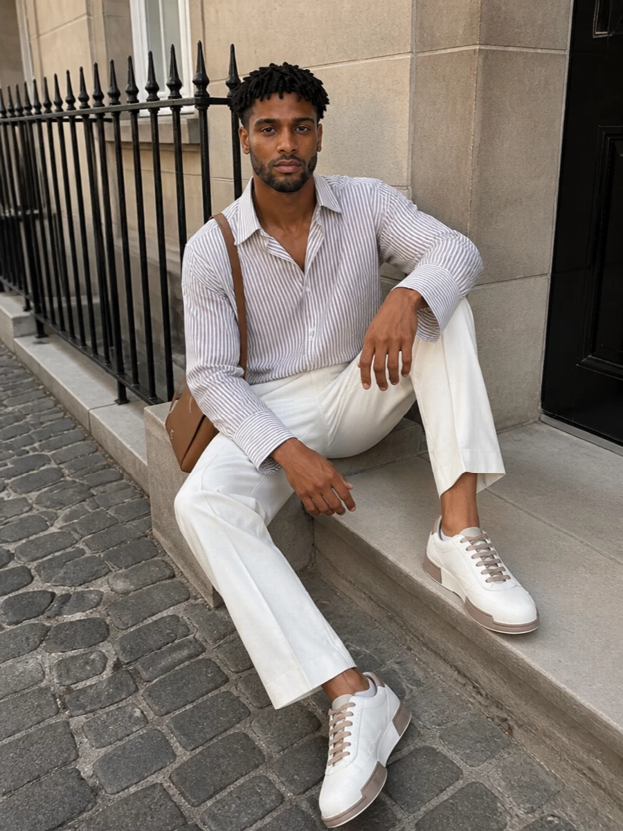Dolce gabbana striped shirt ivory trousers outfit