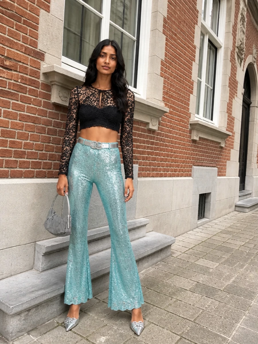 Self portrait sequin flares silver heels outfit