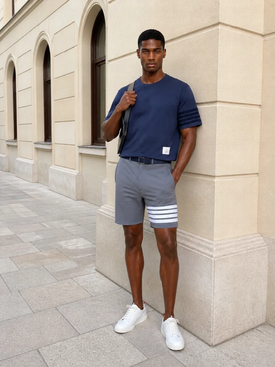 Thom browne navy tee grey tailored short outfit