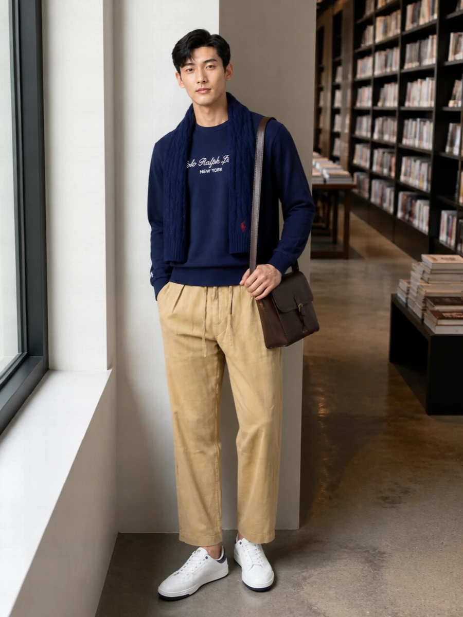 Navy collegiate branding meets sand pleats here, giving a clean campus energy that reads relaxed but considered. The quietly luxurious white and navy sneakers sharpen the line, while the chocolate leather messenger adds a bookish note and depth to the palette.