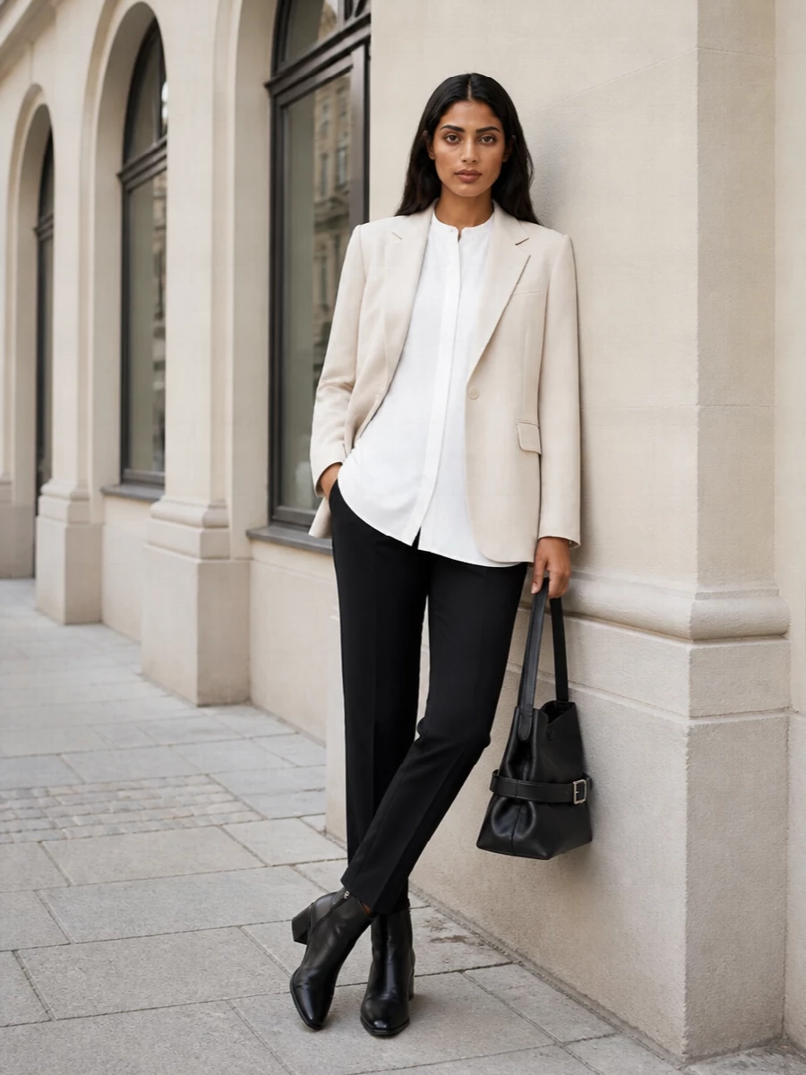 Max mara beige blazer navy trousers outfit