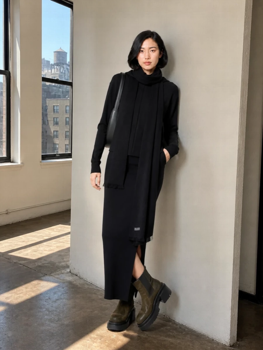 A long black knit column skirt with a decisive slit continues the hoodie’s vertical line, creating a lean, urban silhouette. Chunky moss platform boots add weight and subtle depth while the sculpted black Coperni hobo and a simple black scarf keep everything firmly in the dark, minimalist universe. It feels practical for cold streets yet sharply directional, built from textures rather than color.