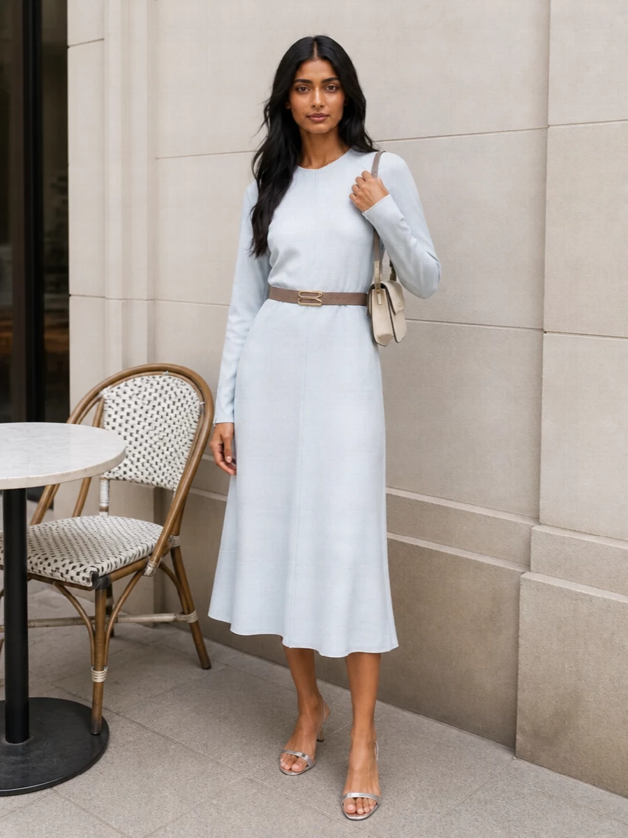Victoria beckham ice blue midi dress outfit