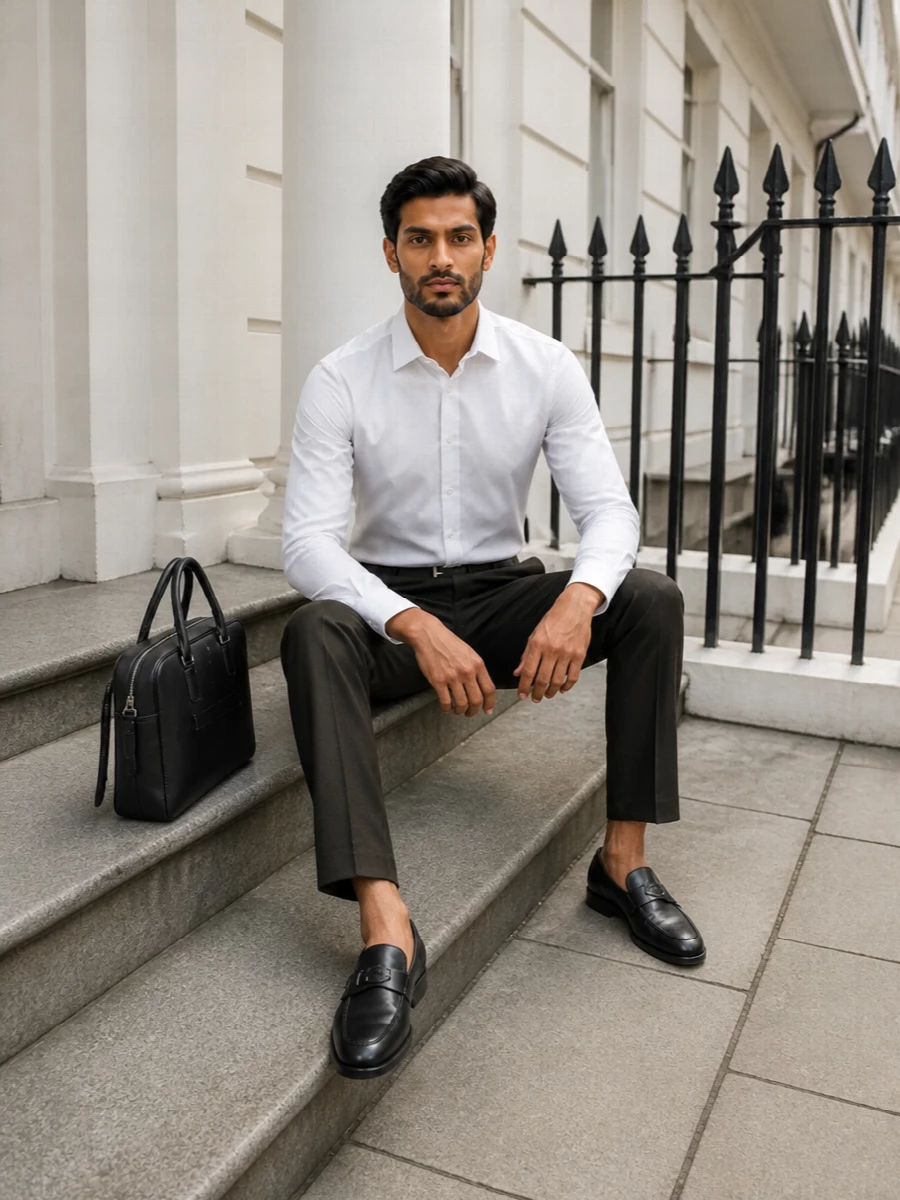 Burberry white shirt dark olive trousers outfit