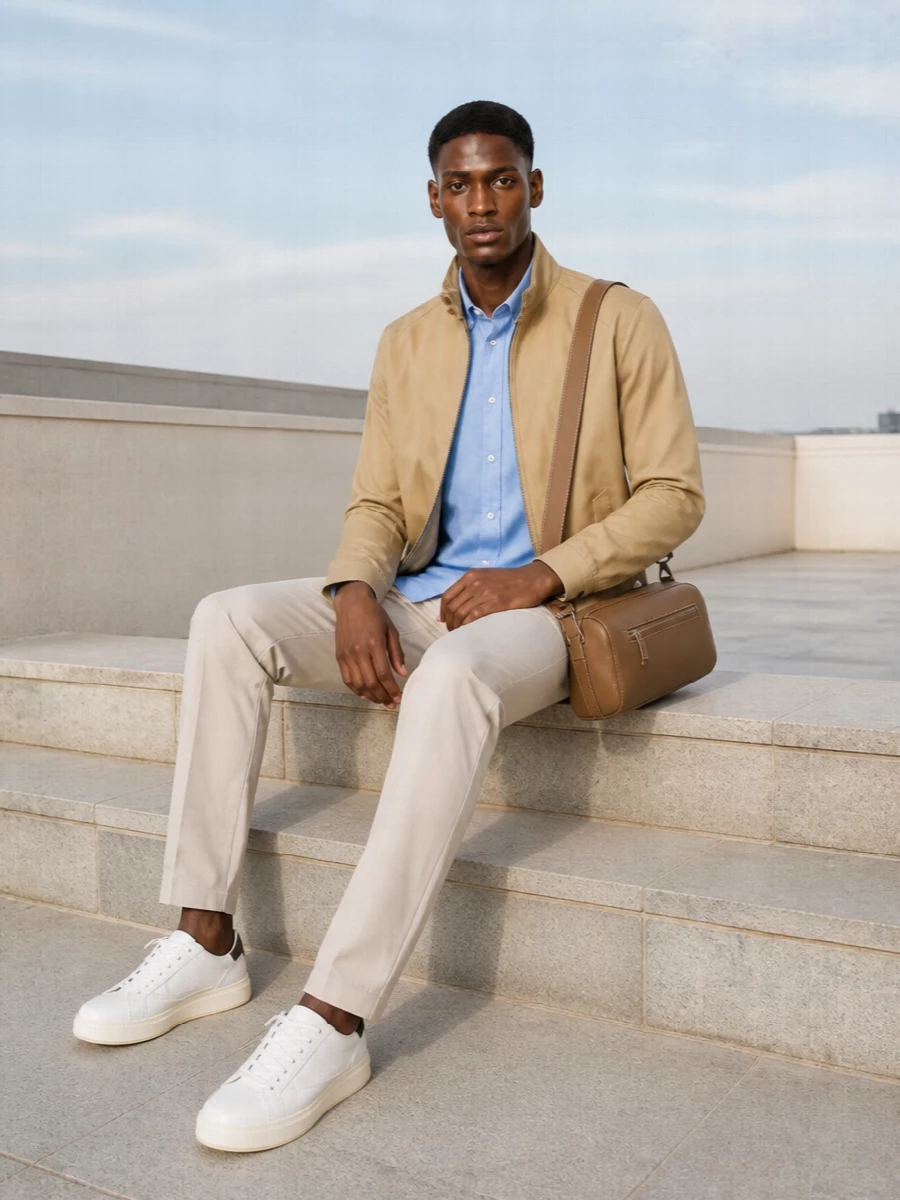 Soft sand tones and light blue shirting keep this Harrington pairing relaxed but precise, ideal for mild city days or coastal weekends. Straight beige chinos and clean white sneakers streamline the silhouette, while a tan crossbody adds just enough structure and function without breaking the calm palette.