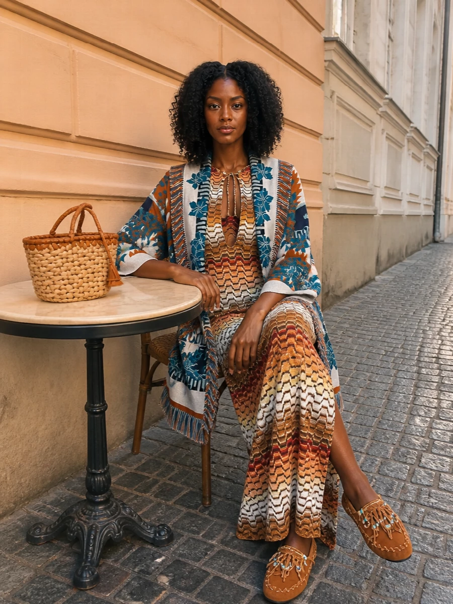 I chose the dress route so the Alanui jacquard cardigan can stay the star, floating over a single fluid Missoni chevron column rather than fighting a separate top and trouser. The result is a resort-ready, boho-romantic outfit where teal and burnt orange talk quietly across knit textures, finished with tactile tan accessories that keep it relaxed but polished enough for terrace lunches and sunset drinks. Slides and a woven tote underline the holiday ease while staying firmly in a luxury, artisanal register.