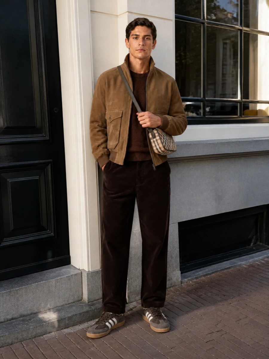 Baracuta bomber brown trousers adidas trainers