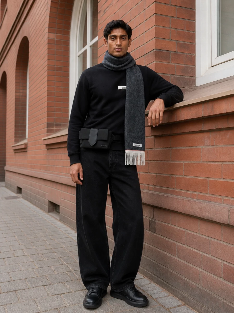 Jacquemus black wide leg jeans minimalist sneakers