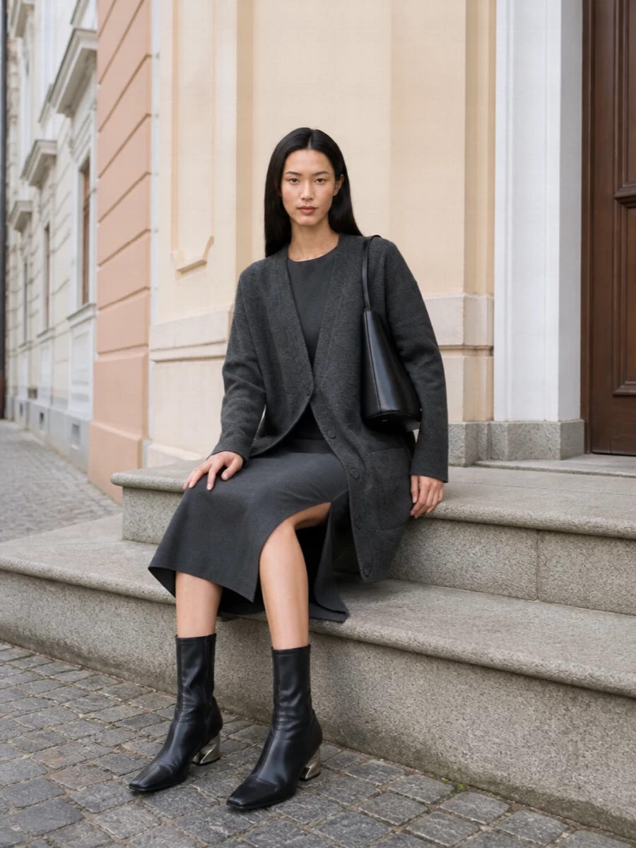 Jil sander charcoal coat midi dress outfit