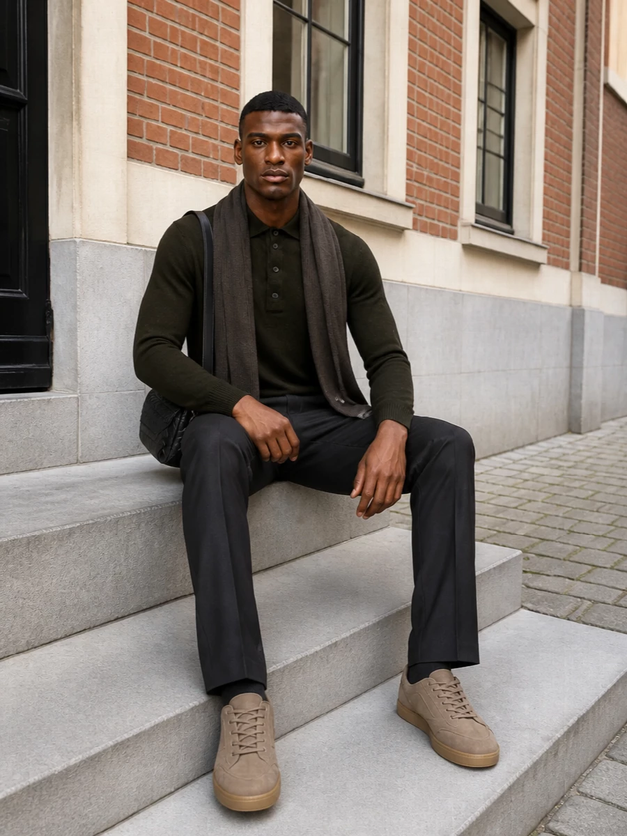 Zegna olive polo charcoal trousers suede sneakers