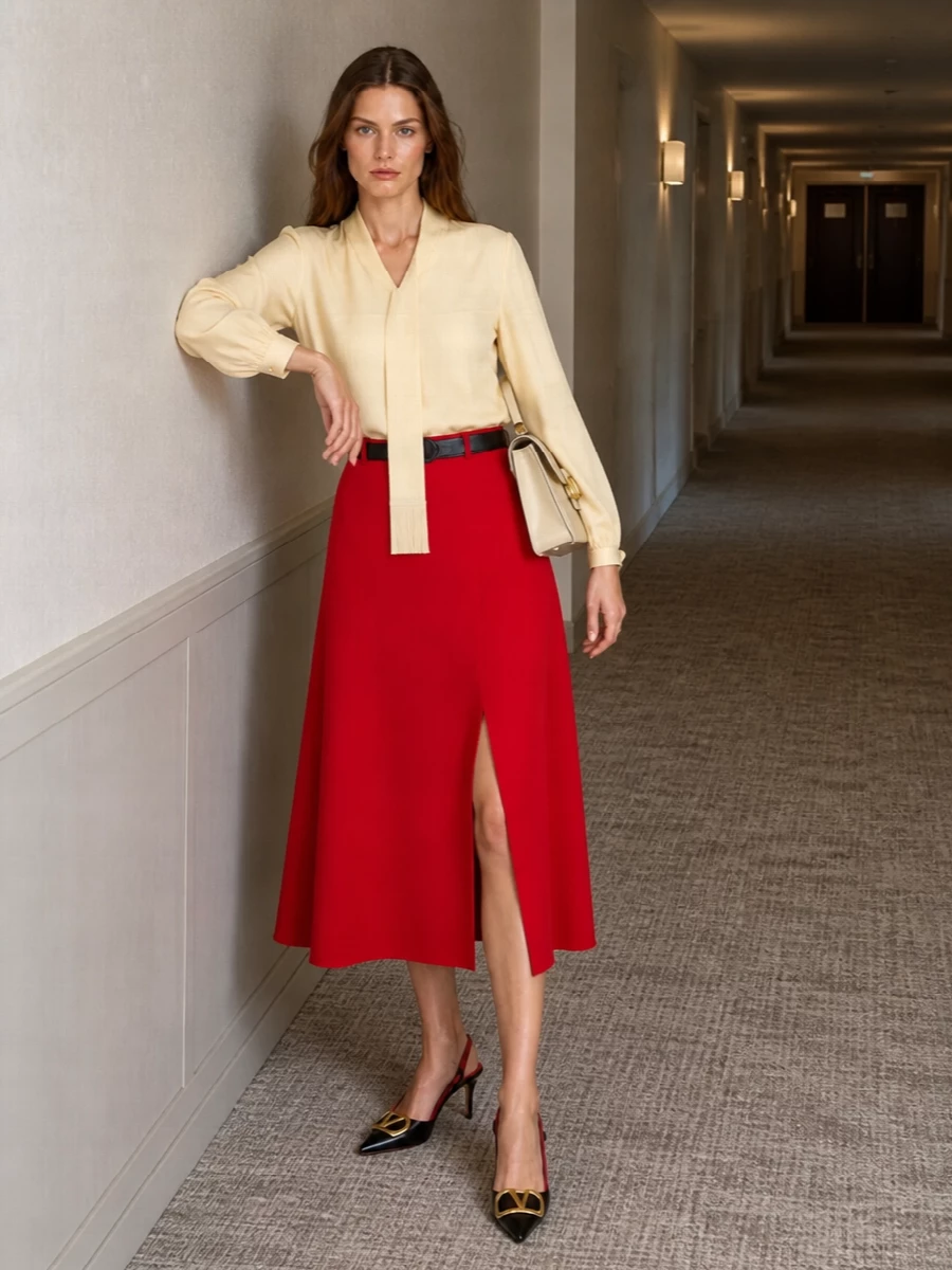Valentino red midi skirt cream blouse outfit