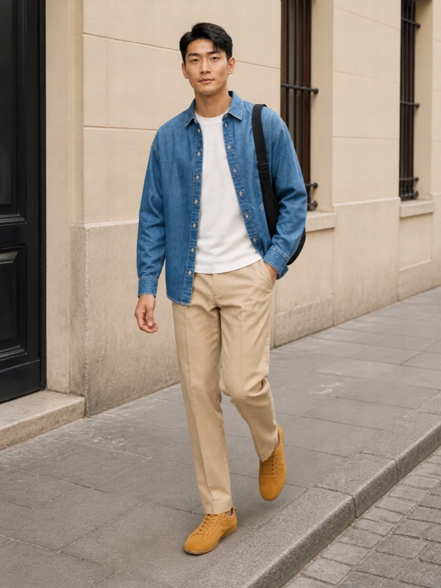 Jacquemus denim overshirt zegna chinos outfit