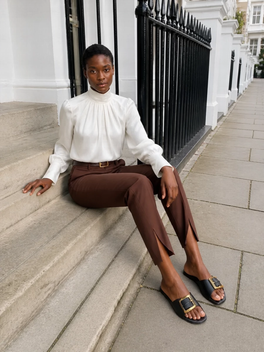 Ivory silk and chocolate tailoring create a precise, warm-neutral palette that feels composed from mid-morning meetings to late dinners. The high-rise trouser is cinched and framed by a fluid blouse, with linear accessories tracing clean gold accents. Flat slides keep the mood relaxed yet intentional, letting the cut and color do the work rather than overt height or shine.