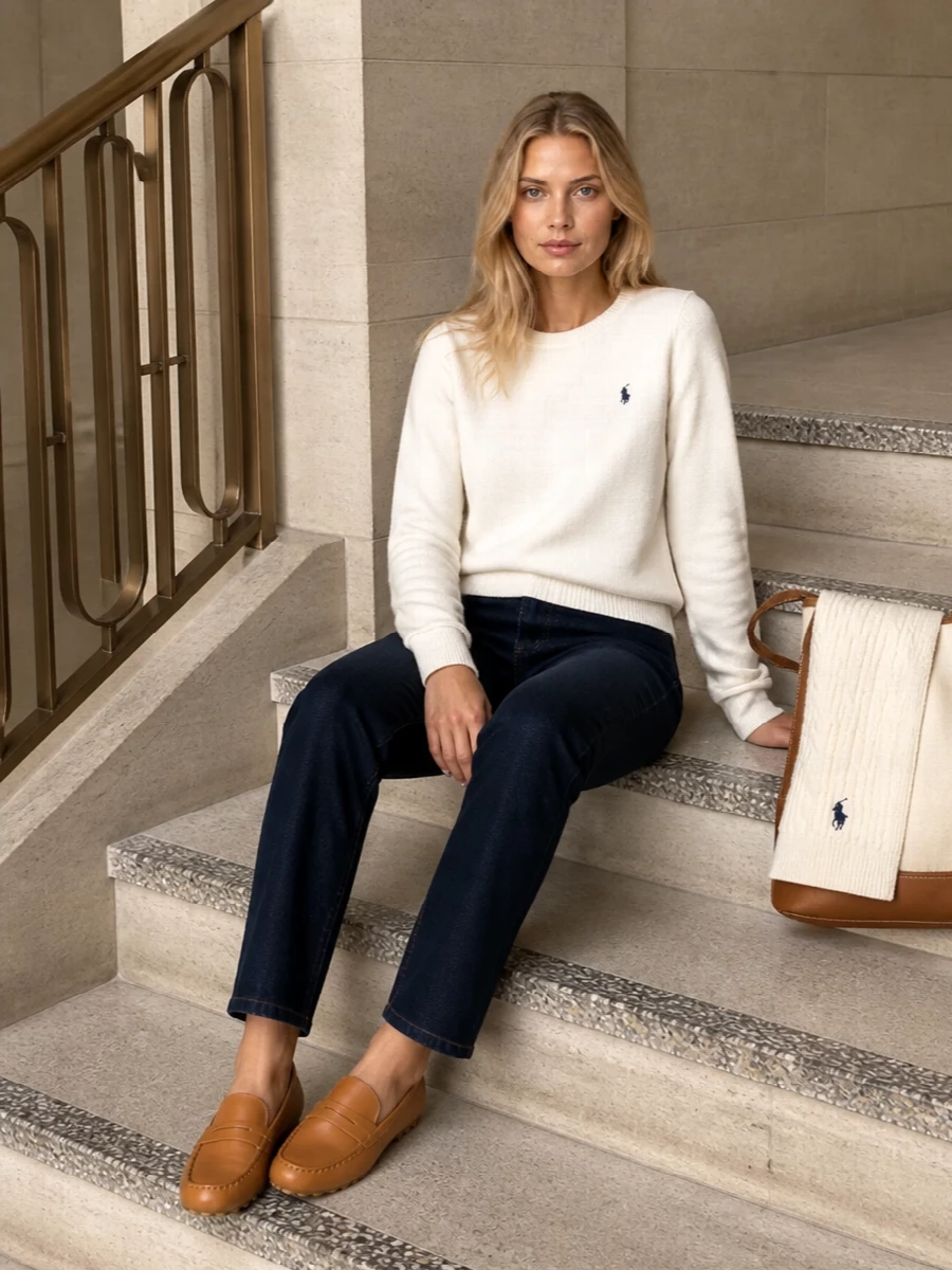 Ralph lauren ivory sweater dark indigo jeans