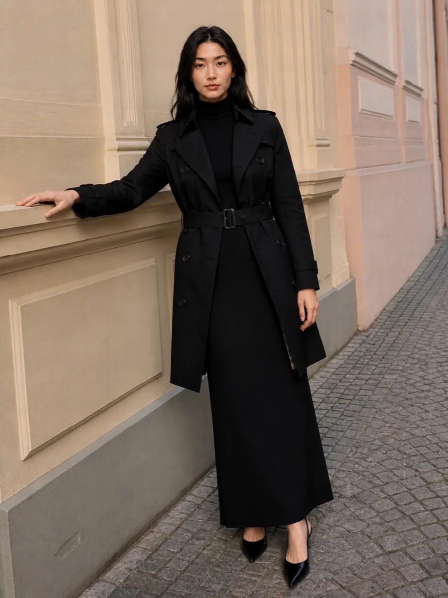 I am anchoring this with the dress path rather than tailoring, because a single black column under the trench feels truest to the coat’s after-dark, arrival energy and avoids competing lapels. The Tom Ford maxi, sharp Gucci slingbacks and a structured black top-handle create a long, uninterrupted line that reads discreetly expensive, with the trench acting almost like an evening coat. The result is a quietly commanding city evening ensemble that can move from late-flight arrivals straight into a very good dinner reservation without a change of clothes.
