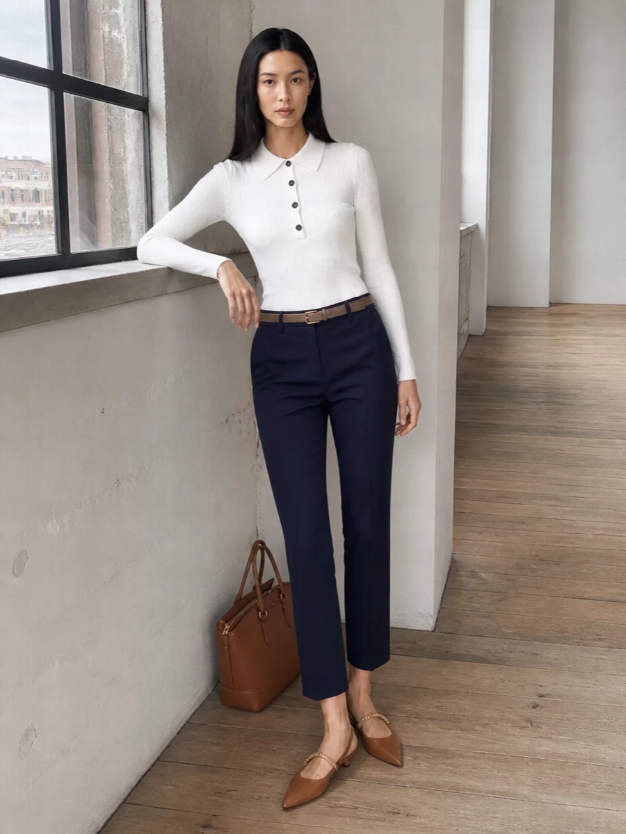 Michael kors navy trousers white polo tan flats