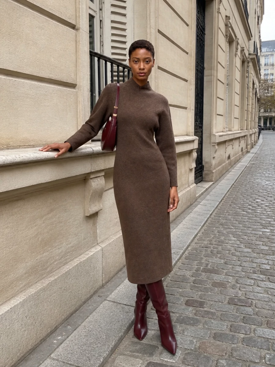 The Max Mara mocha midi dress and burgundy Stuart Weitzman boots create a long, sculpted column that feels quietly powerful yet soft. Deep brown against wine leather keeps the palette minimal but rich, with the curved burgundy shoulder bag repeating that note in a smaller dose. Choosing the dress route over separates keeps the silhouette uninterrupted and lets the boots define the attitude in a single, clean gesture.