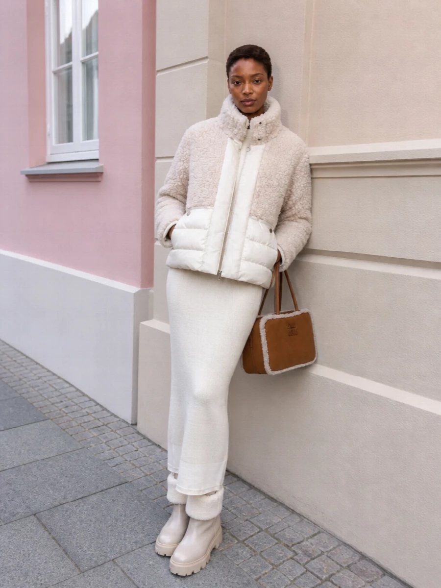Moncler shearling jacket jil sander ivory knit dress