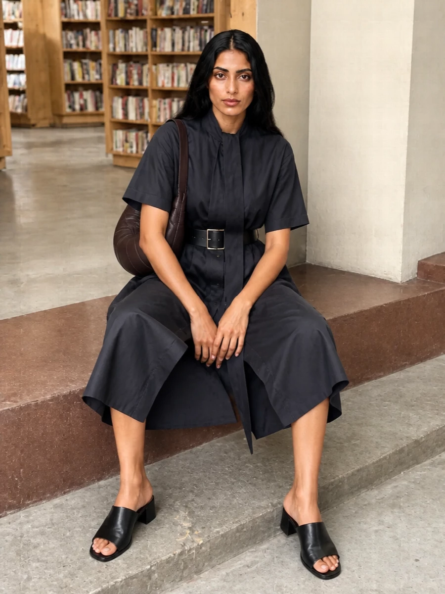 Charcoal tailoring stays calm and precise, grounded with a dark chocolate shoulder bag and a wide black waist belt that sharpens the tie-front dress. Open black mules keep the mood understated and light, so the whole outfit reads polished enough for dinner yet relaxed enough for daytime in the city.