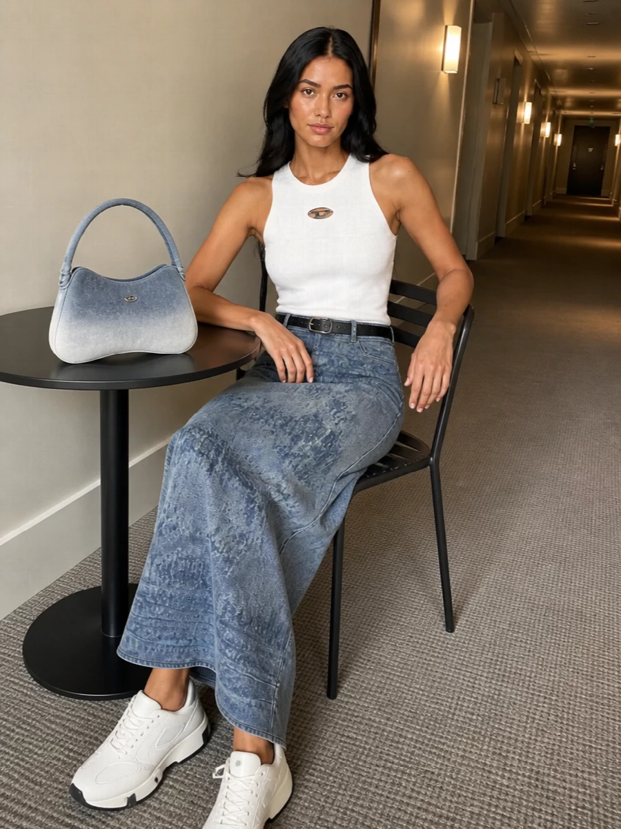 Diesel denim maxi skirt white tank sneakers